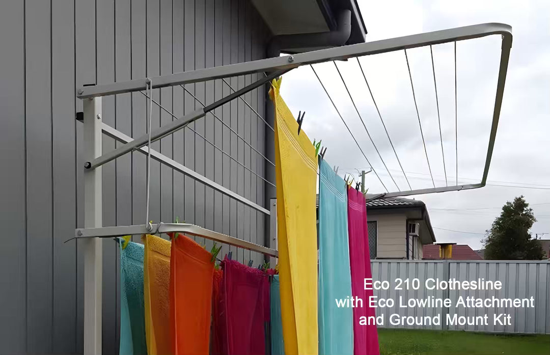 Eco 210 Clothesline installed against a wall using the optional ground mount kit