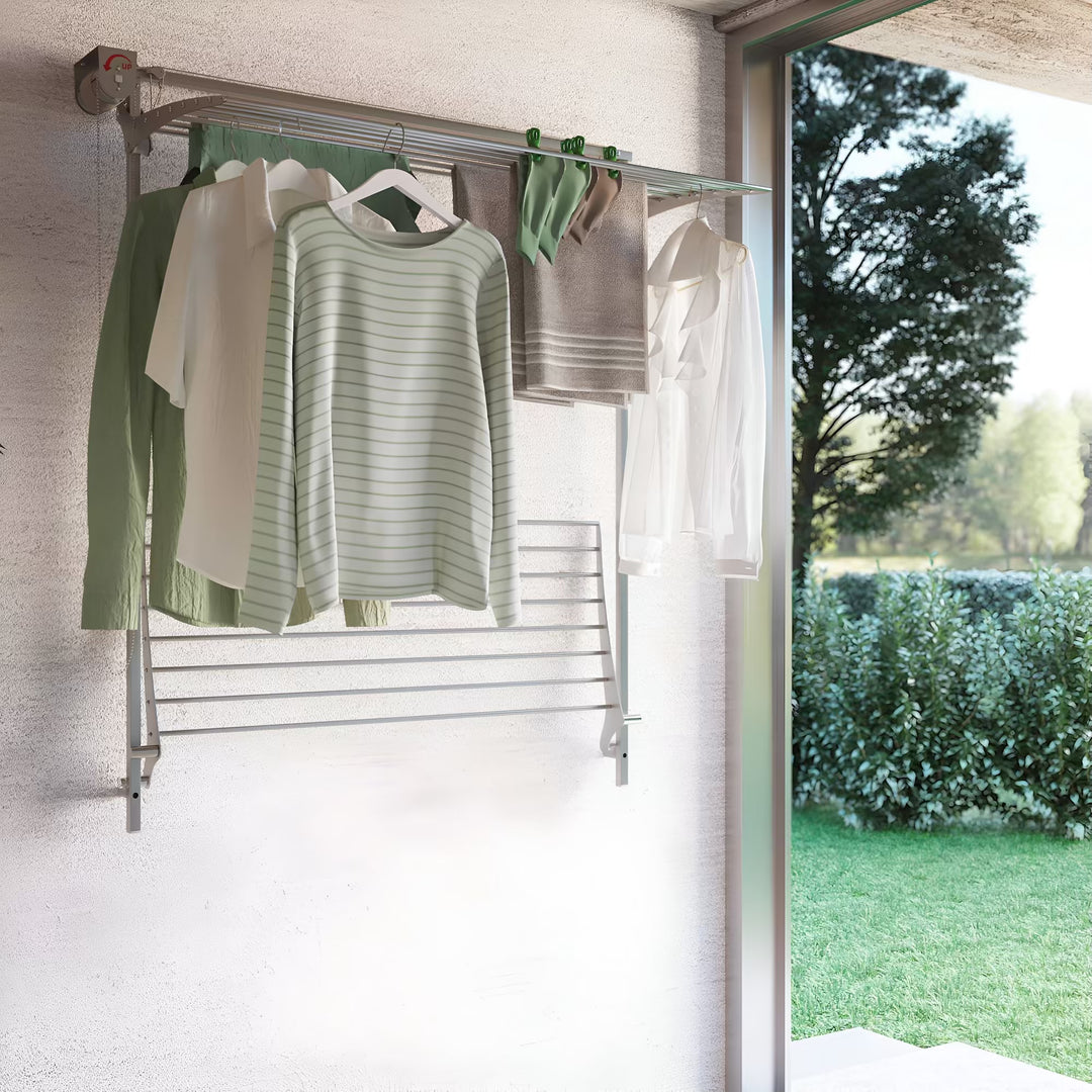 FoxyDry Wall Plus clothes drying on top rack outdoor - covered area