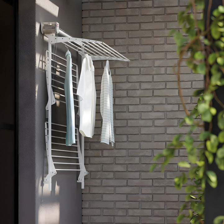 foxydry tower in white colour top rack unfolded for drying long items outdoor