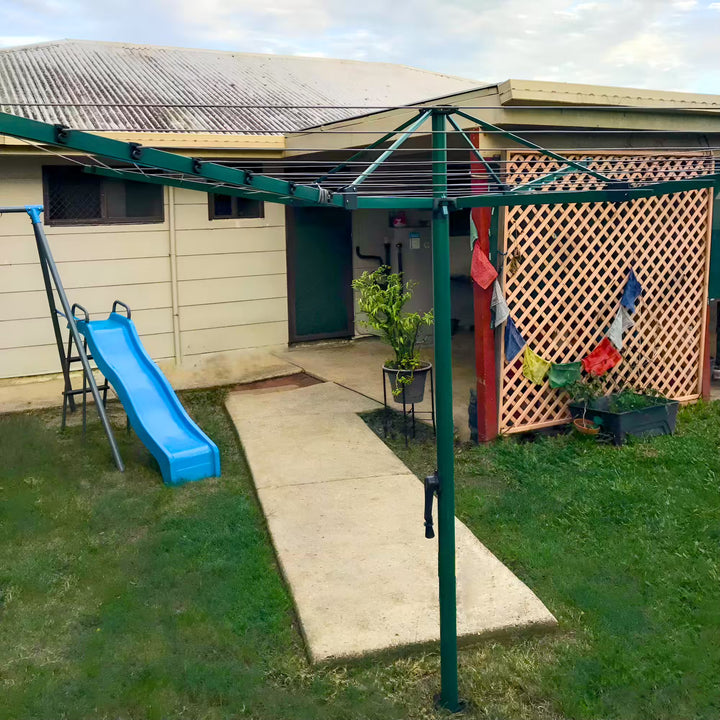 Hills Everyday Rotary 37 Clothesline installed at the backyard of a user - shown without laundry