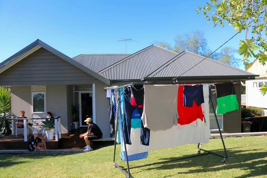 Sunchaser Mobile Clothesline drying wet laundry outdoors