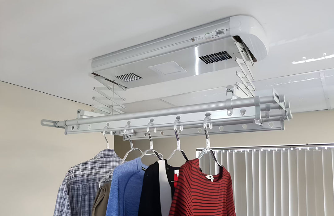 TopLine 80 Clothesline installed under the ceiling with laundry hung for drying