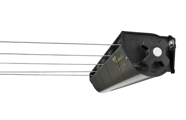 Austral Retractaway 40 retractable Clothesline side view with lines extended, knob and locking latch in full view