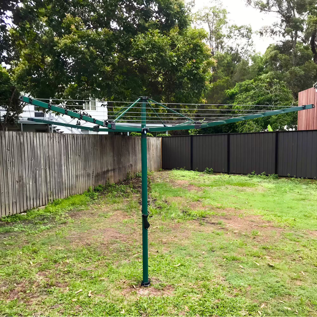 Hills Everyday Rotary 37 Clothesline not in use in an owner's yard, top assembly fully extended ready for use